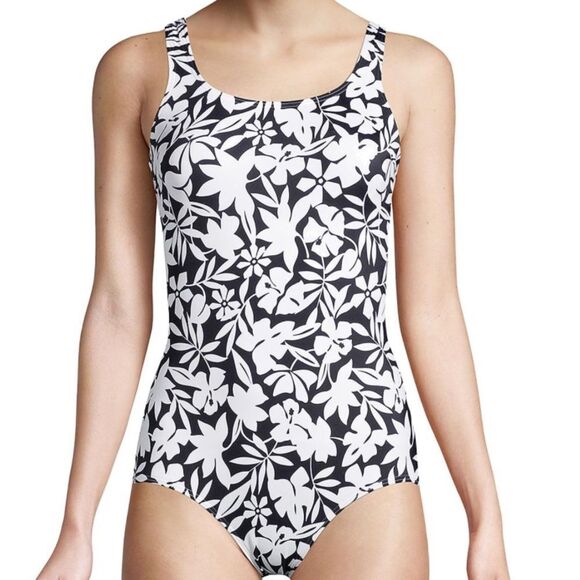 Lands' End Tank Soft Cup One Piece Swimsuit Black Havana Floral, size 4, NWT - Picture 1 of 8